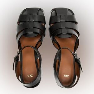 Zara Black Woven Strap Leather Sandals